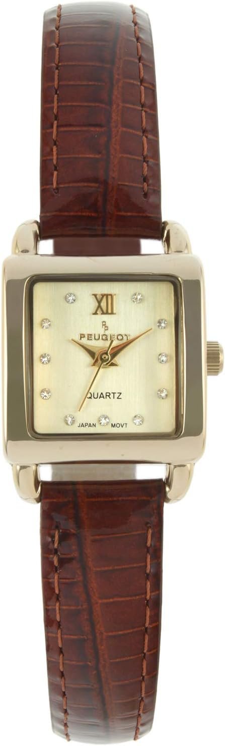 Peugeot 3034BR Ladies Mini Square Gold Tone Crystal Accented Brown Leather Strap Watch