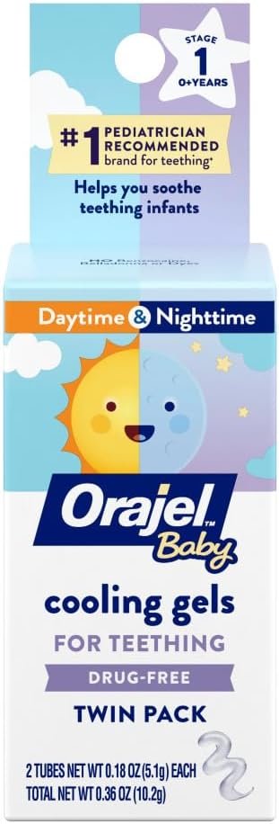 Orajel Baby Daytime & Nighttime Cooling Gels for Teething, Drug - Free, #1 Pediatrician Recommended Brand for Teething*, Two 0.18oz Tubes