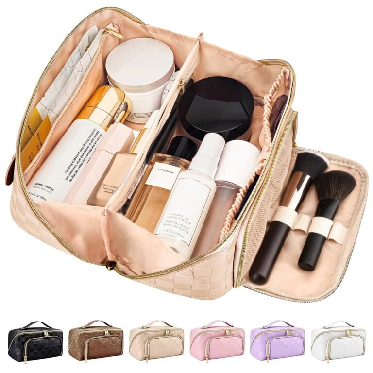 stona Travel Makeup Bag for Women, Large Capacity PU Leather Waterproof Checkered Cosmetic Bags, Portable Pouch Open Flat Toiletry Bag, Make up Organizer with Divider and Handle (Beige)