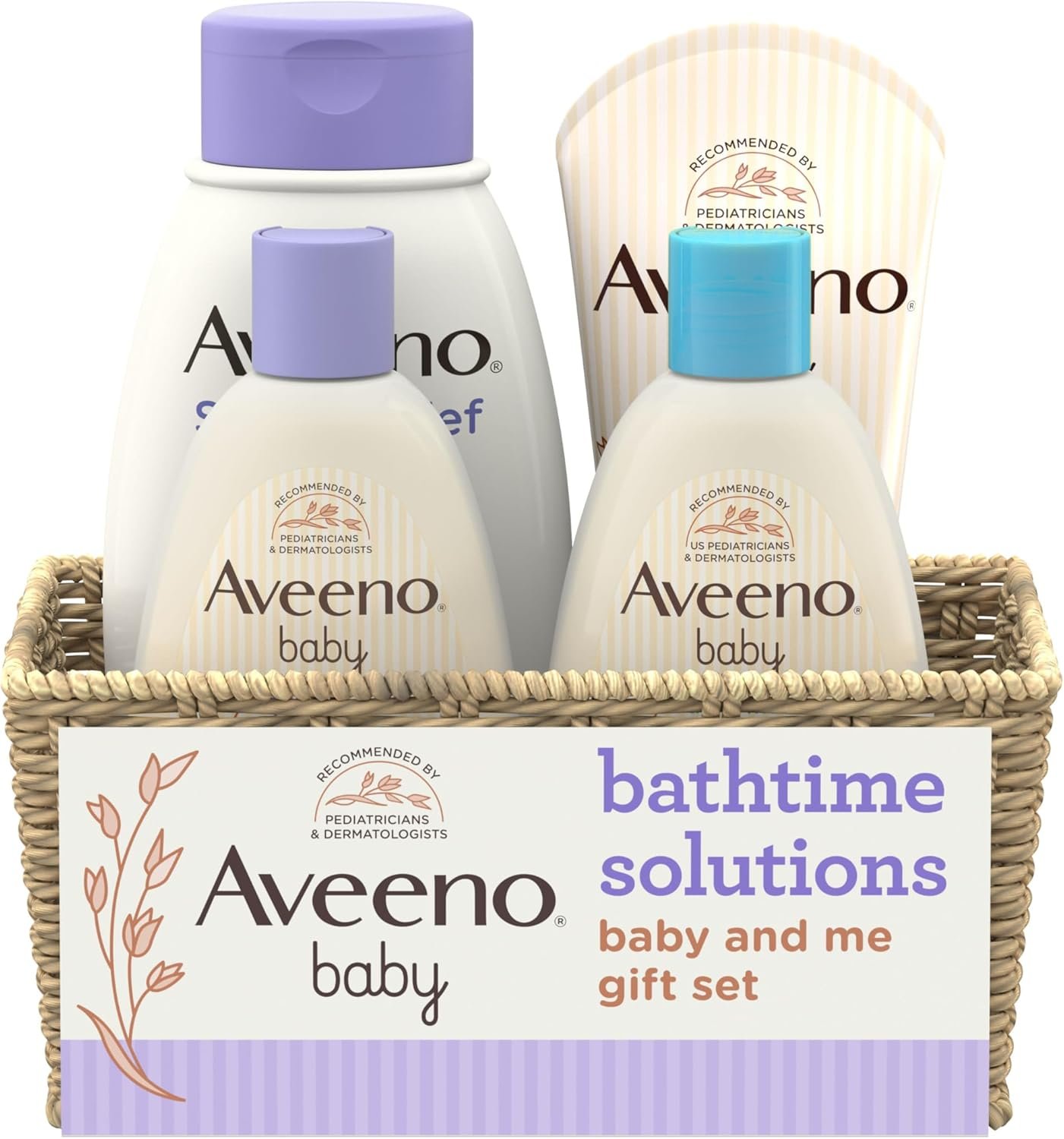 Aveeno Baby Bathtime Solutions Baby & Me Gift Set with Baby Wash & Shampoo, Calming Baby Bath, Baby Daily Moisturizing Lotion & Stress Relief Body Wash for Mom, Oatmeal, 4 Items