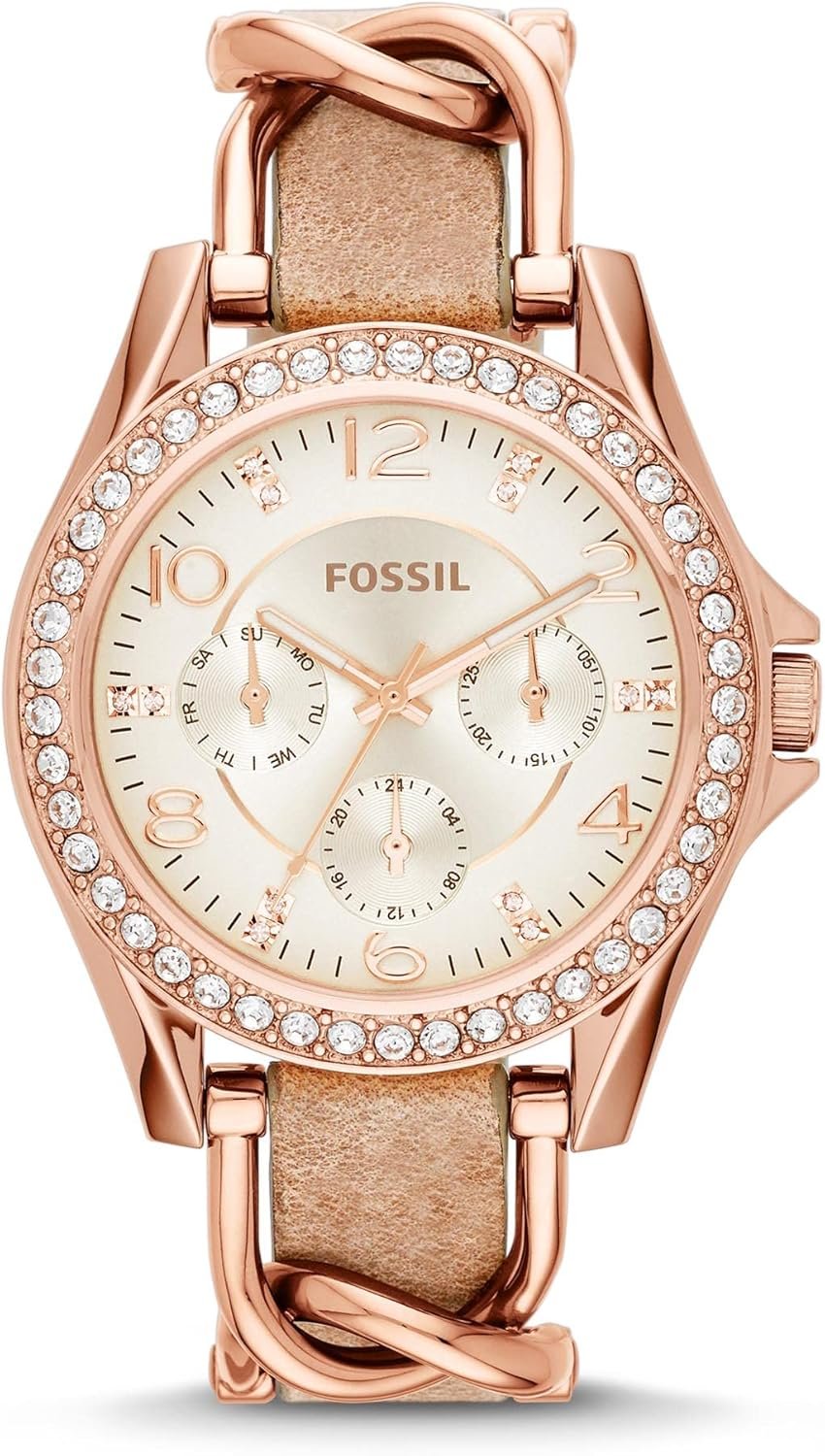 Fossil Women's Riley Quartz Stainless Steel and Leather Multifunction Watch, Color: Rose Gold, Sand (Model: ES3466)