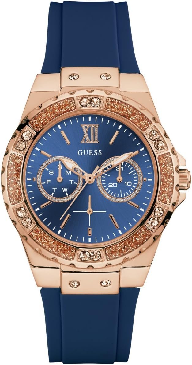 GUESS Women's Stainless Steel + Stain Resistant Silicone Watch with Day + Date Functions (Model: U1053L)