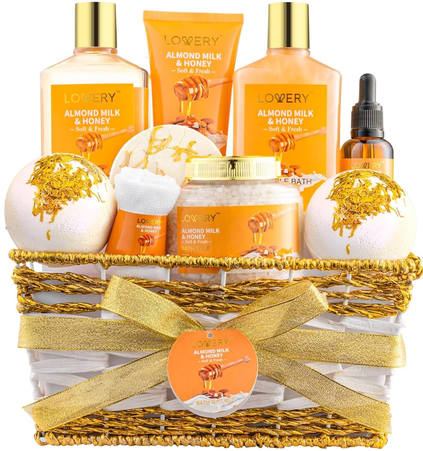 Birthday Gifts for Women Gift Basket for Her - 10 Pc Almond Milk & Honey Beauty & Personal Care Set - Home Bath Pampering Package for Relaxing - Spa Self Care Kit - Mom Gifts, Anniversary Gift