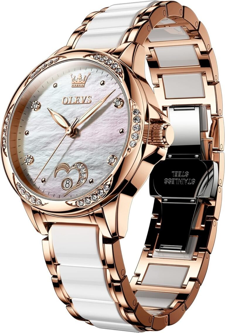 OLEVS Womens Automatic Watch, Premium Large Face Diamond Accented Self Winding Watches for Women, Fashion Waterproof Ladies Dress Watch, Two Tone Stainless Steel Ceramic Bracelet