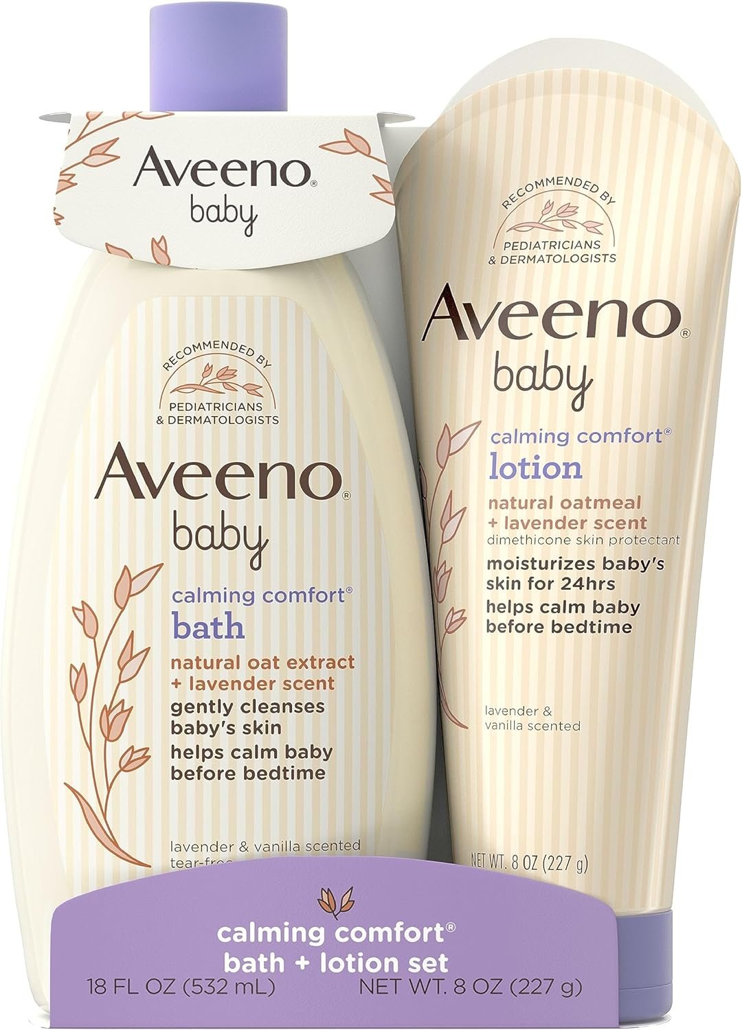 Aveeno Baby Calming Comfort Bath & Lotion Set, Nighttime Baby Skin Care Products with Natural Oat, Lavender & Vanilla Scents, Paraben-, Phthalate- & Phenoxyethanol-Free, 2 Items