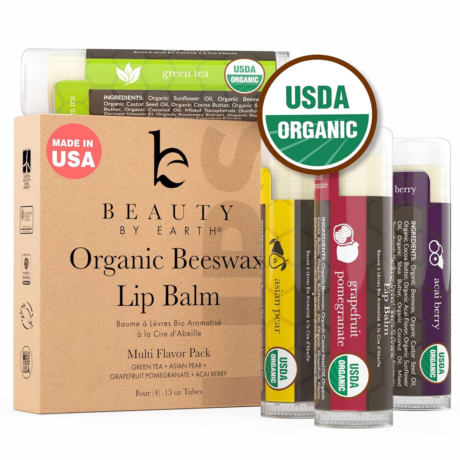 Organic Lip Balm Multi Flavor - 4 Pack Organic Gifts for Women, All Natural Lip Balm, Gift Set for Women, Lip Balm Hydrating Beauty Gifts, Small Birthday Gifts, Lip Moisturizer, Chapstick, Lip Care