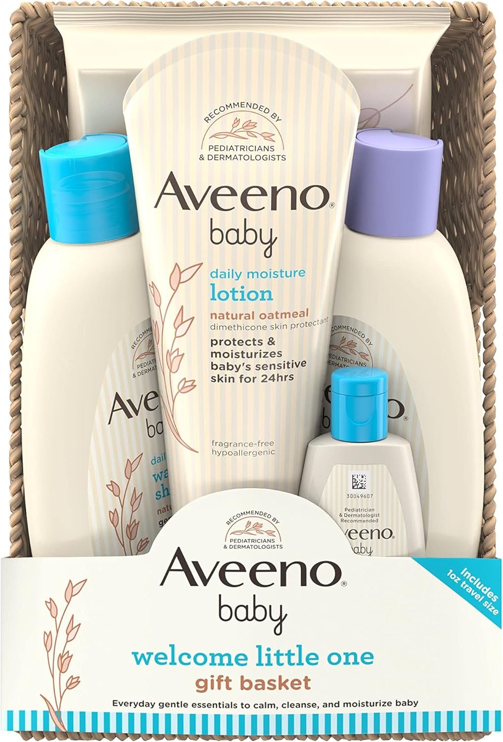 Aveeno Baby Welcome Little One Gift Basket, Baby Skincare Set with Baby Body Wash & Shampoo, Calming Bath Wash, All Over Baby Wipes, & Daily Moisturizing Lotion, 5 Items