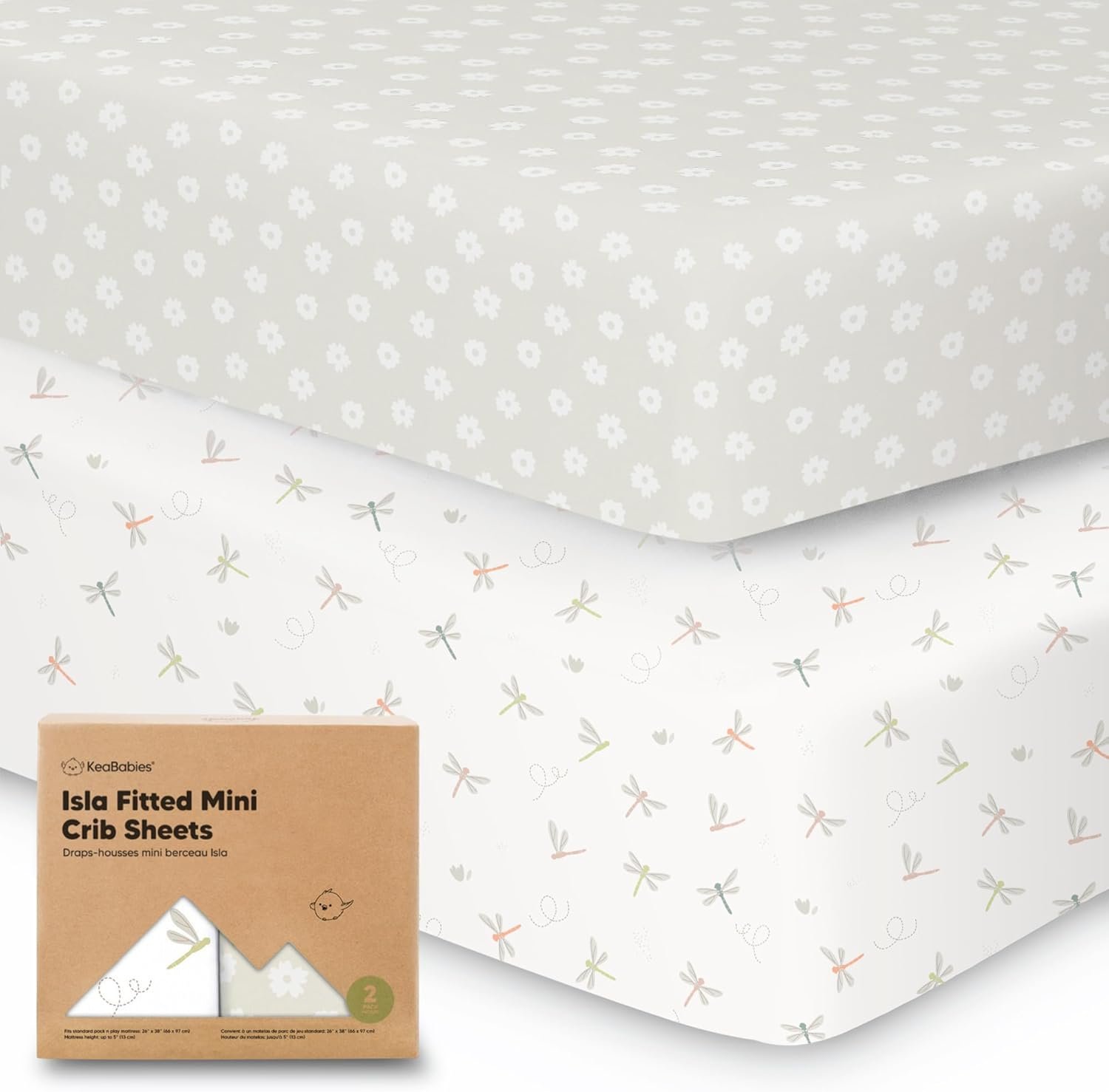 Pack and Play Sheets Fitted, 2-Pack Mini Crib Sheets - Pack N Play Sheets, Organic Fitted Crib Sheet for Pack and Play Mattress, Playard Baby Crib Sheets, Crib Sheets Neutral for Boys, Girls (Meadow)