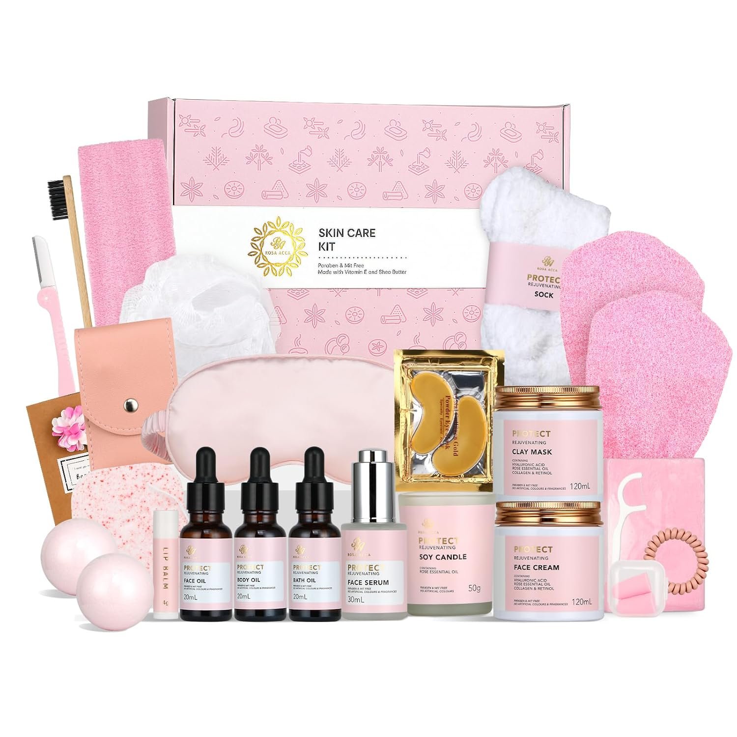 Spa Gifts for Women, 28pcs Rose Facial Skin Care Set includes Face Cream,Bath Oil,Shower Accessories. Body & Facial Kit for Women, Birthday Gift for Women, Mother's Day Gift