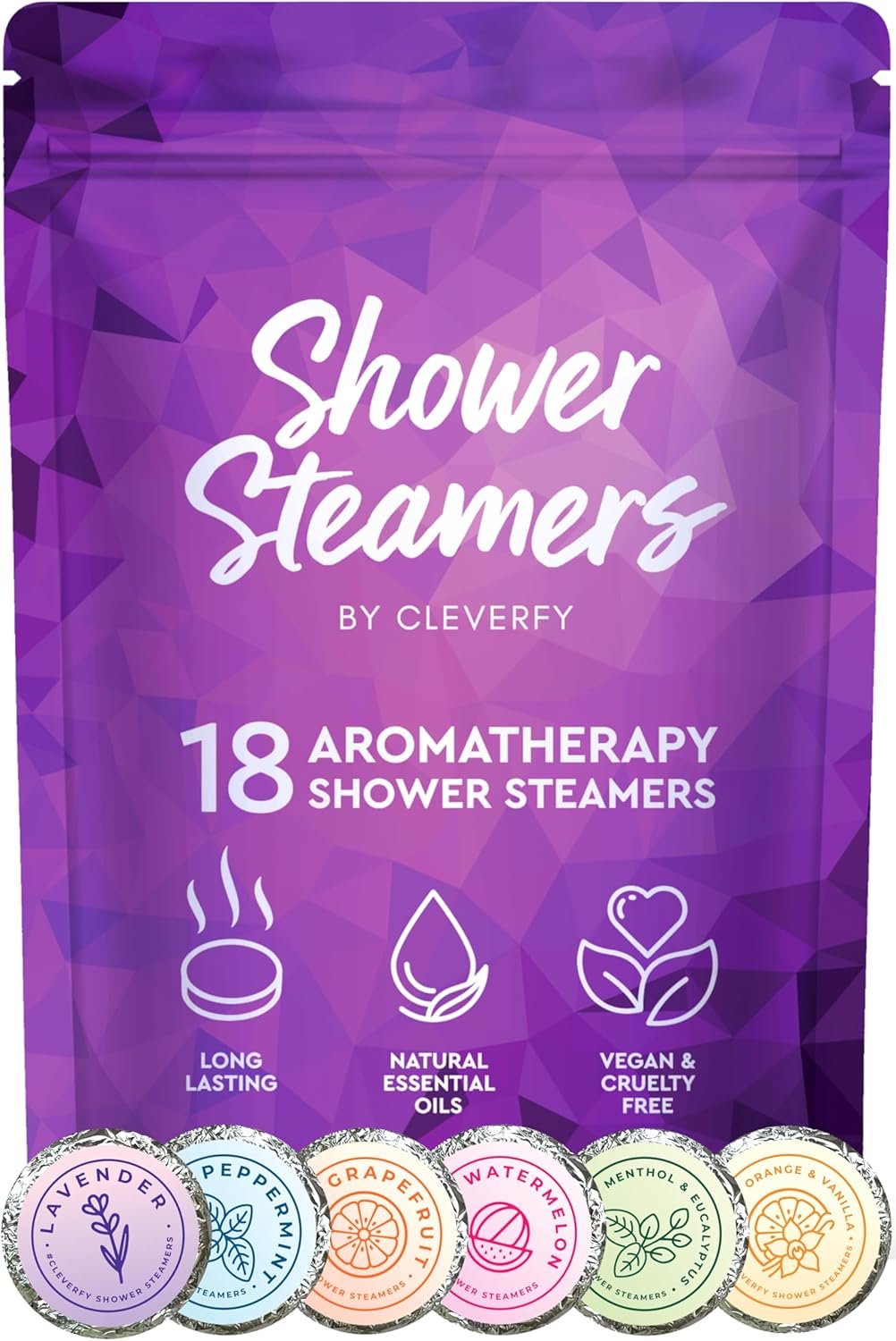 Cleverfy Shower Steamers Aromatherapy - 18 Pack of Shower Bombs with Essential Oils. Personal Care and Relaxation Birthday Gifts for Women and Men. Purple Set