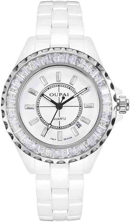 White Ceramic Quartz Watch Woman Waterproof Luxury Fashion Baguette Glitz OP8008