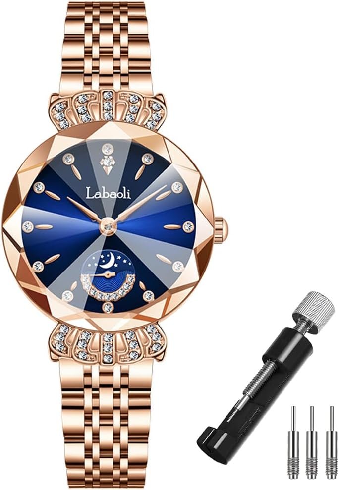 Watches for Women Rose Gold Stainless Ladies Female Fashion Luxury Diamond Dress Business Waterproof Quartz Girls Wife Gifts Crystal Blue Wrist Watch