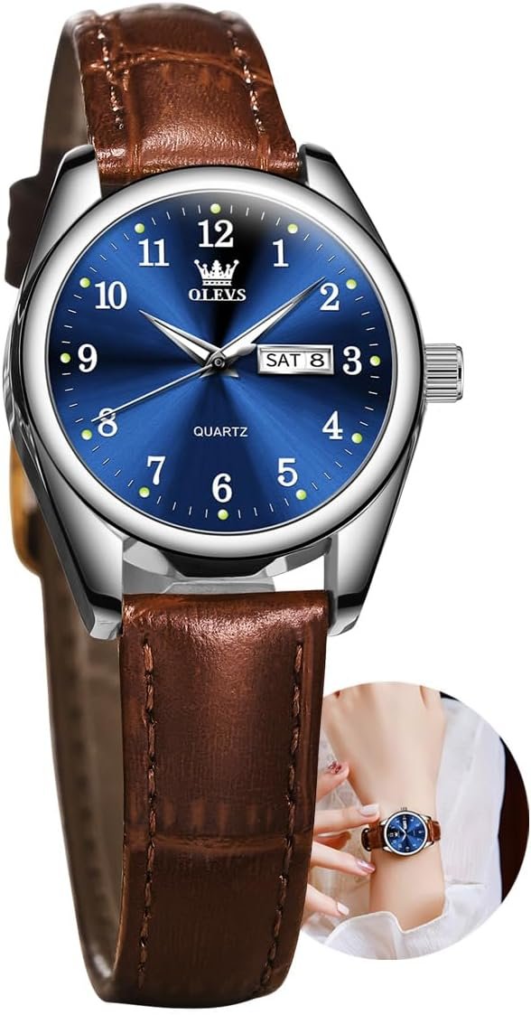 OLEVS Brown Leather Watch Women, Women's Wrist Watches Silver Waterproof Quartz Analog Dainty Women Watch for Small Wrist, Easy Read Luxury Dress Watches for Women with Arabic Numbers White/Blue/Black