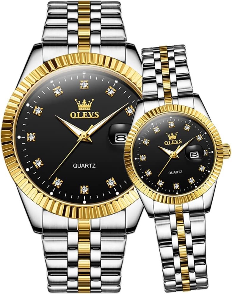 OLEVS Valentines Couple Pair Quartz Watches Luminous Calendar Date Business Dress Luxury His and Hers Wristwatch Waterproof Casual Stainless Steel Lovers Wedding Romantic Watches