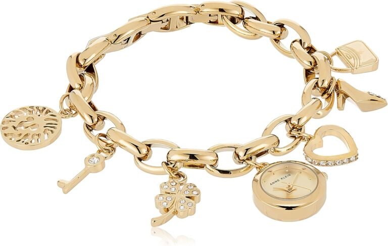 Anne Klein Women's Premium Crystal Accented Gold-Tone Charm Bracelet Watch, 10/7604CHRM