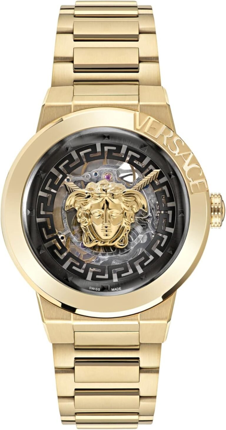 Versace Medusa Infinite Collection Luxury Womens Watch Timepiece with a Gold Bracelet Featuring a Gold Case and Black Dial