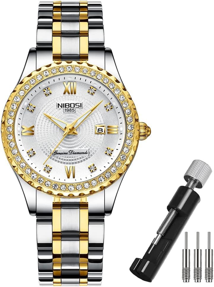 NIBOSI Watches for Women Diamond Luxury Gold Silver Ladies Female Classic Fashion Analog Quartz Waterproof Stainless Dress Luminous Day Date Wife Gifts Wrist Watch