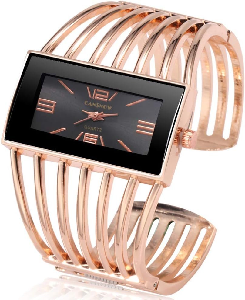 Women Luxury Cuff Bracelet Rectangular Dial Hollow Analog Quartz Wrist Watch for Ladies