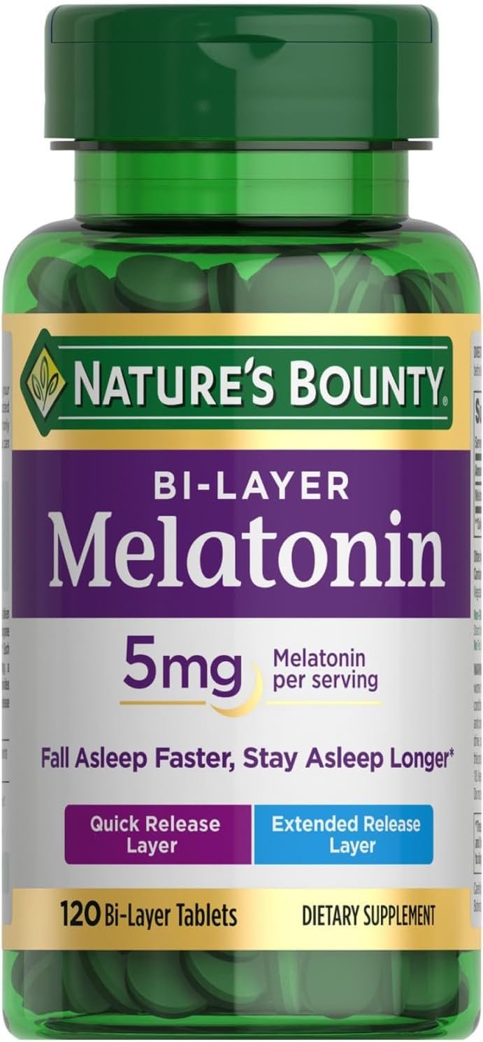 Nature's Bounty Melatonin 5mg Dual Spectrum, 100% Drug Free Sleep Supplement, Quick Release and Extended Release, Promotes Relaxation and Sleep Health, 120 Bi-Layer Tablets