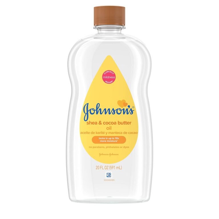 Johnson's Baby Oil, Mineral Oil Enriched with Shea & Cocoa Butter to Prevent Moisture Loss, Hypoallergenic, 20 fl. oz