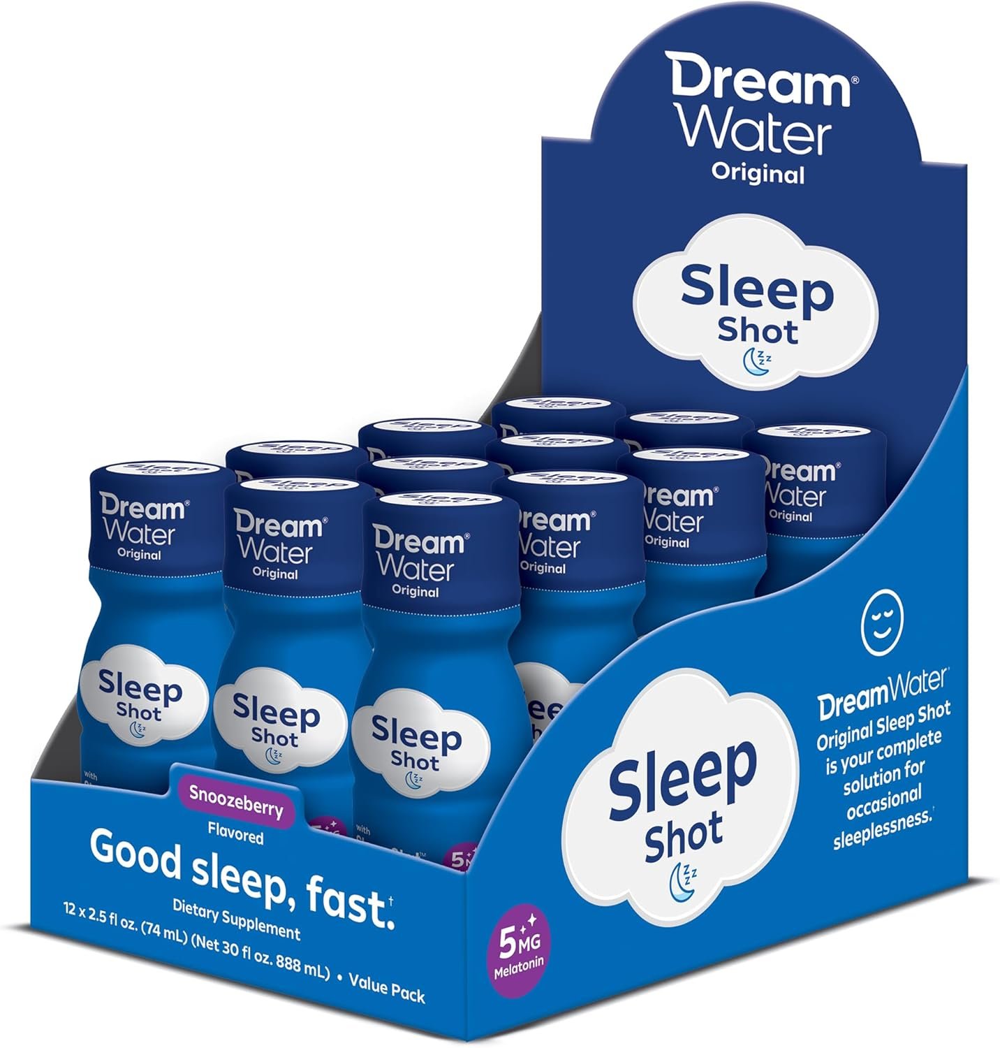 Dream Water Sleep Aid Supplement Drink; Melatonin 5mg, GABA, 5-HTP; Zero Sugar, Natural Flavors, No Added Colors, 2.5 oz Liquid Sleep Shots, Snoozeberry, 12-Count