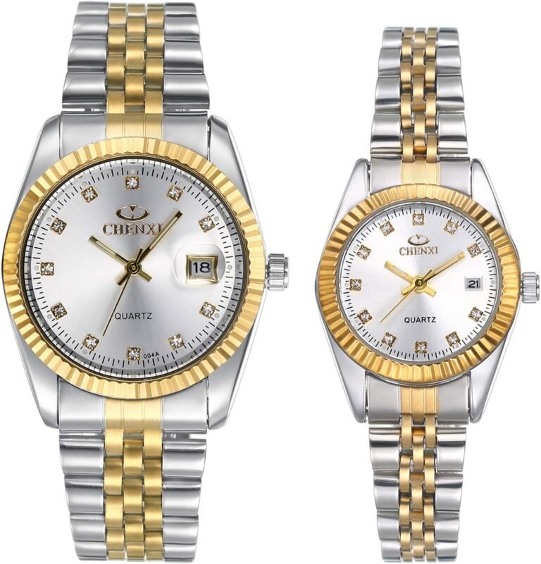 JewelryWe Luxury Couple Watches Gold-Silver Tone Stainless Steel Quartz Calendar Wristwatch Rhinestone His and Her Watch Set, for Anniversary, Wedding, Valentine's Day