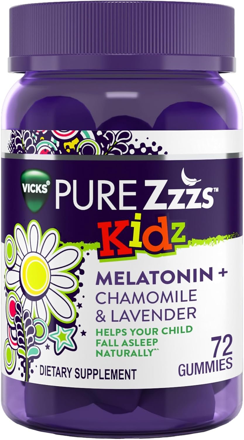 VICKS PURE Zzzs Kidz, Melatonin Sleep Aid Gummies for Kids and Children, Helps Your Child Fall Asleep Naturally, Low Dose Melatonin, 72 Gummies