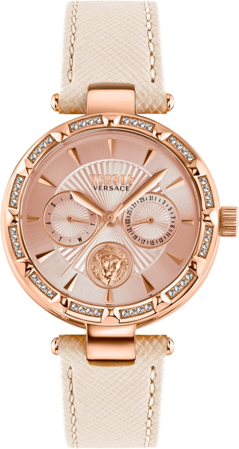 Versus Versace Sertie Collection Luxury Womens Watch Timepiece with a Beige Strap Featuring a Beige Case and Rosegold Dial