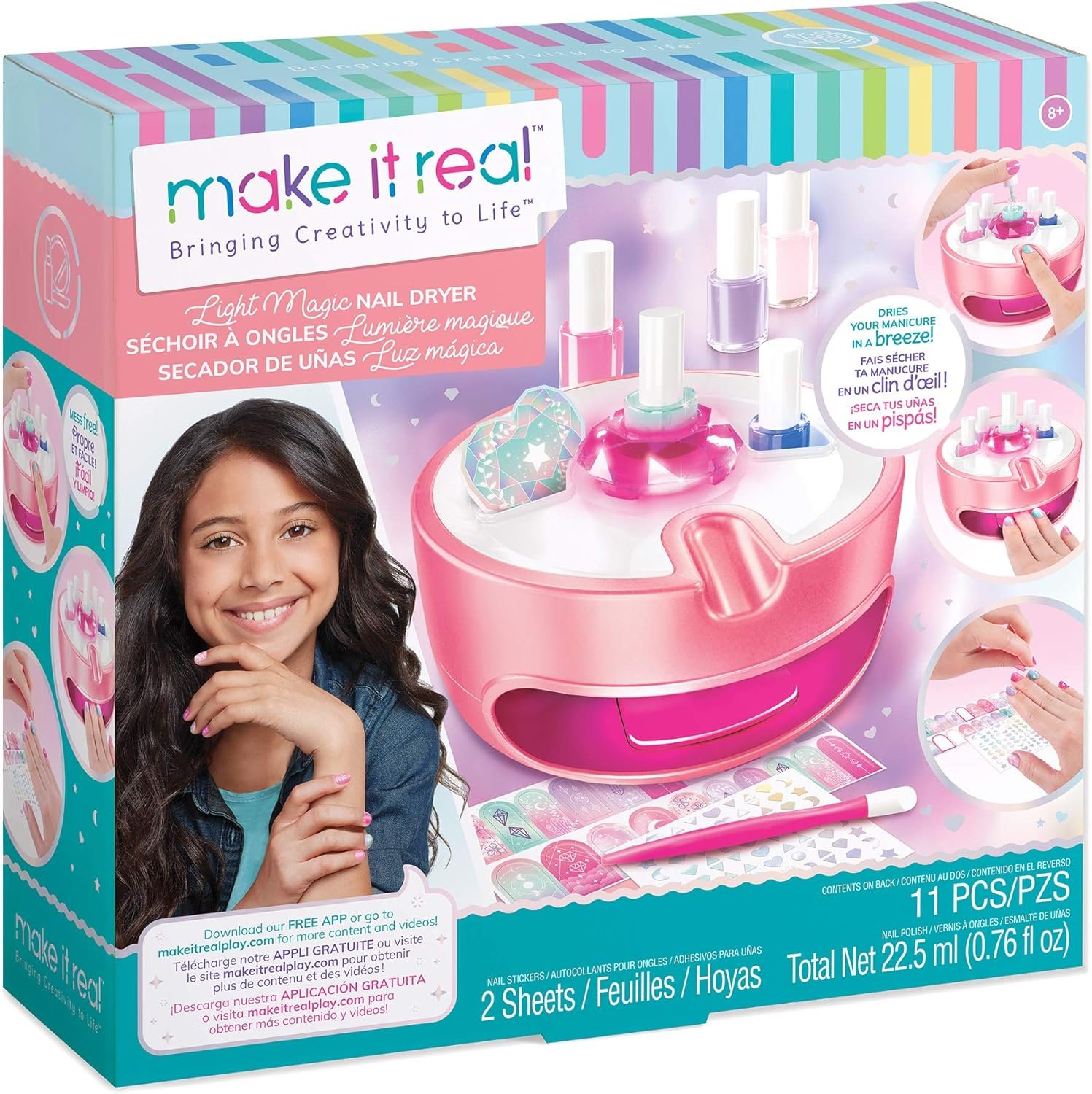 Make It Real Light Magic Nail Dryer & Polish Set for Girls & Teens - 5 Vibrant Nail Colors, Art Stickers, Nail File, Cuticle Pusher & Dryer - Water-Based, Non-Toxic Polish Perfect Spa Day Manicures