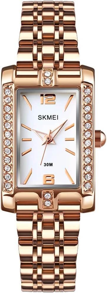 SKMEI Watches for Women Ladies Female Diamond Rose Gold Square Stainless Luxury Fashion Small Slim Analog Quartz Waterproof Dress Casual Simple Wife Girls Gifts Wrist Watch