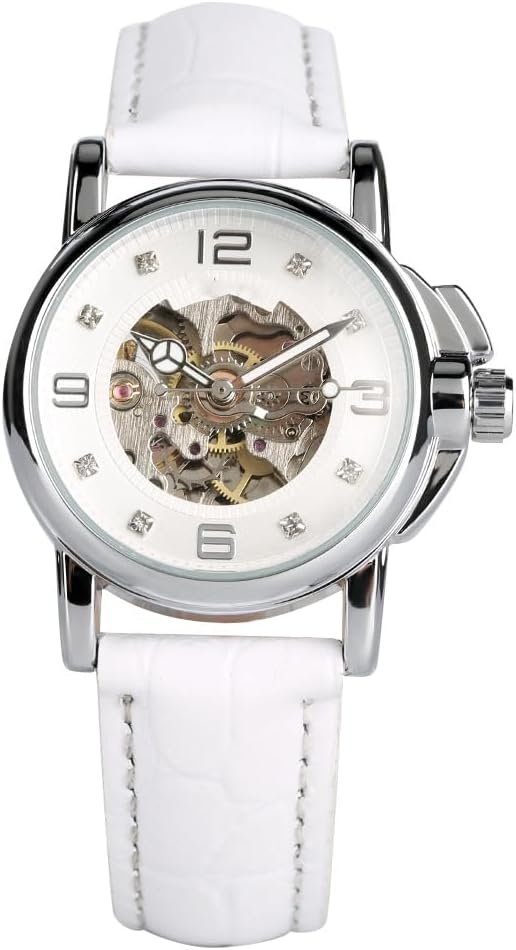 SENRUD Luxury Women Automatic Watch Ladies White Leather Waterproof Automatic Mechanical Skeleton Watch