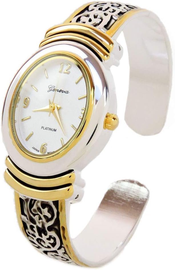 2Tone Western Style Decorated Oval Face Women's Bangle Cuff Watch