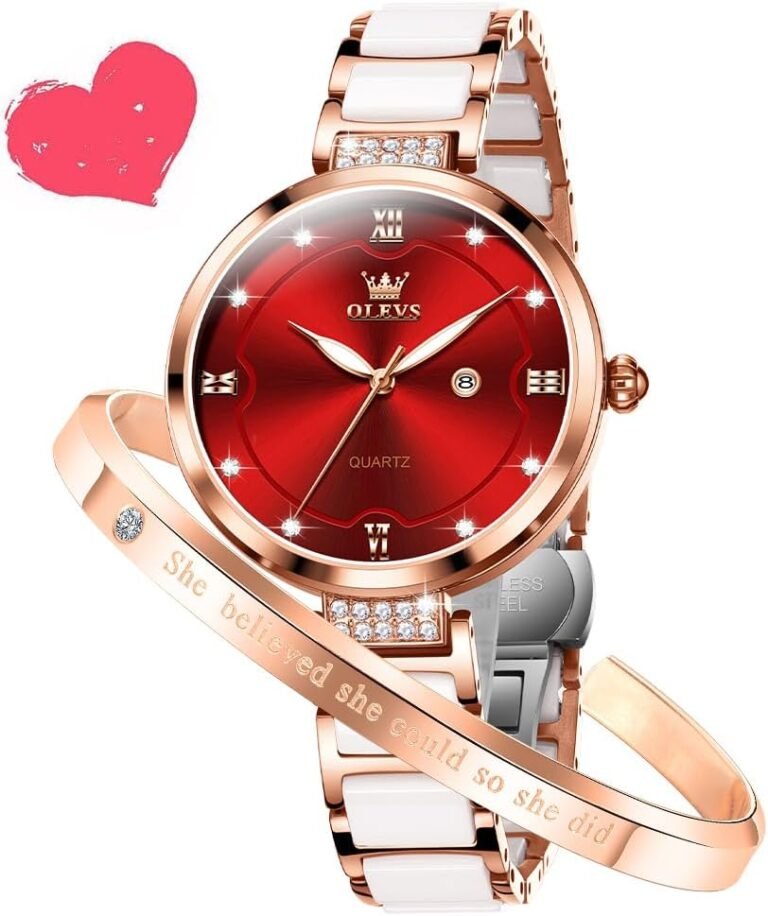 OLEVS Women's Watch Ceramic Strap Luxury Diamond Elegant Waterproof Luminous Date Quartz Formal Bracelet Set