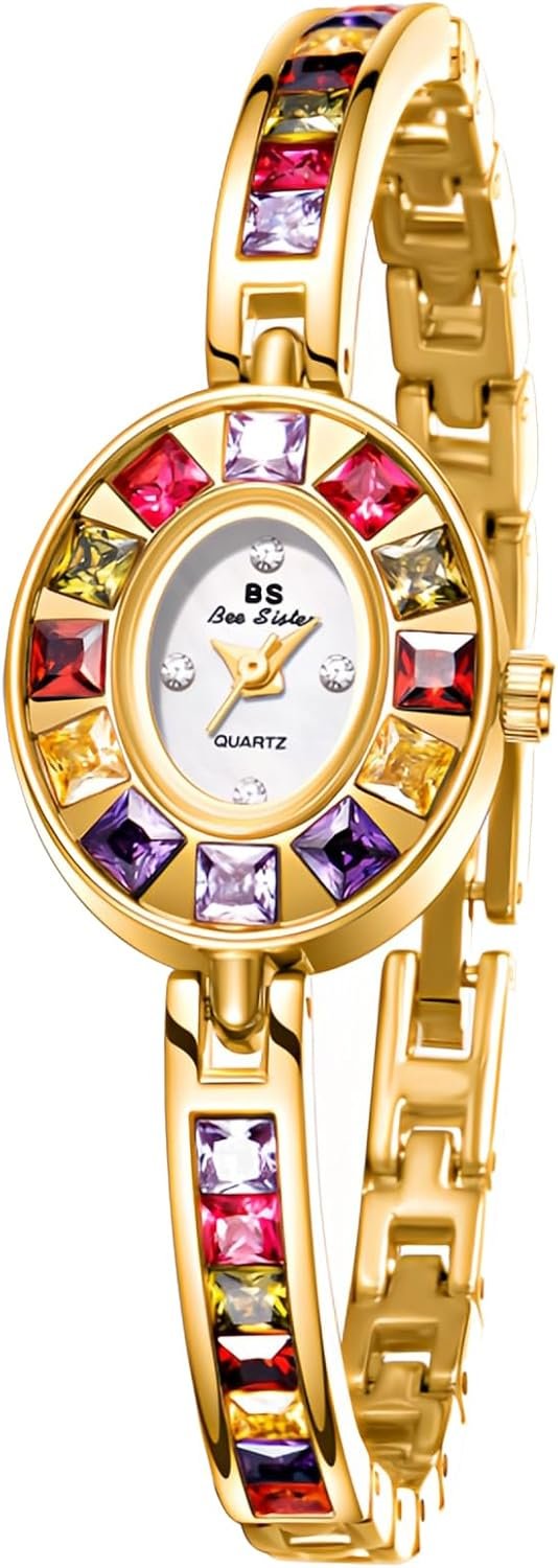 FANMIS Luxury Vintage Colorful Crystal Oval Watch Elegant Ladies Bracelet Small Dial Dress Wrist Watch Waterproof Watch with Stainless Steel Band