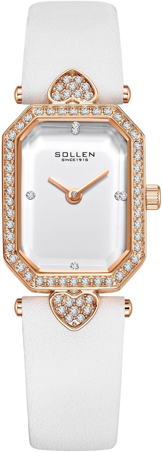 SOLLEN Watches for Women Dainty Ladies Watch Luxury Dress Watch with Zircon Bezel Japanese Quartz Women's Wrist Watch White Leather Band Wristwatch