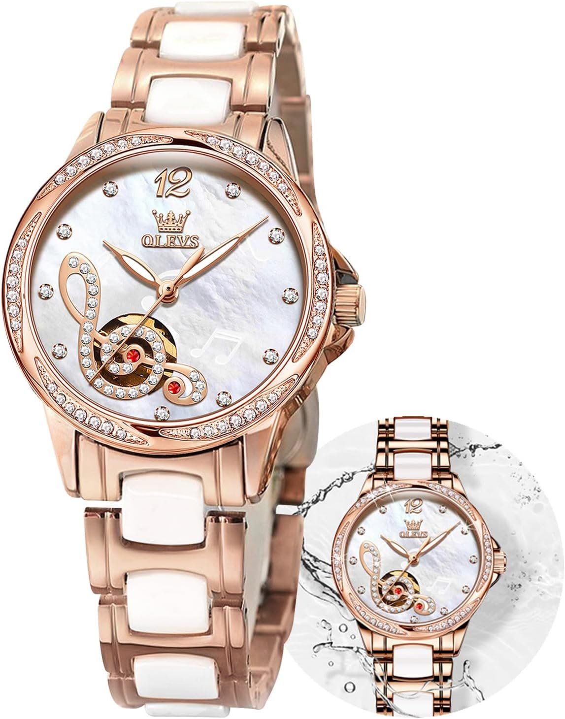 OLEVS Watch Women Automatic Ceramic Watches for Women Ladies Mechanical Skeleton Wist Watches Luxury Large Face Waterproof Diamond Self Winding Stainless Steel Dress Two Tone Wind Up Watches No Battery Watch for Women