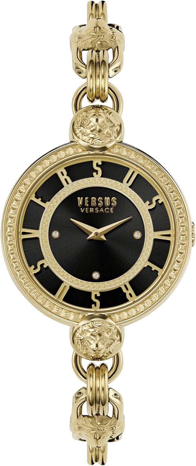 Versus Versace Collection Luxury Womens Watch Timepiece with a Gold Bracelet Featuring a Gold Case and Black Dial