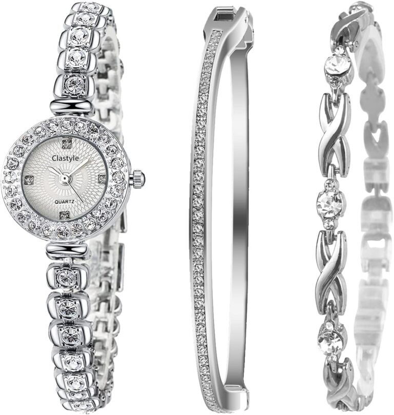 Clastyle Slim Watch and Bracelets Set with 2 Bangles Elegant Rhinestone Bracelet Silver Watch Ladies Wrist Watches Set Gift for Women